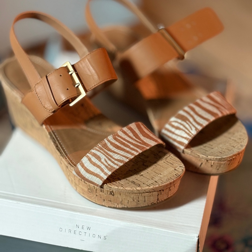 New Directions Brown and Tan Wedge Sandals